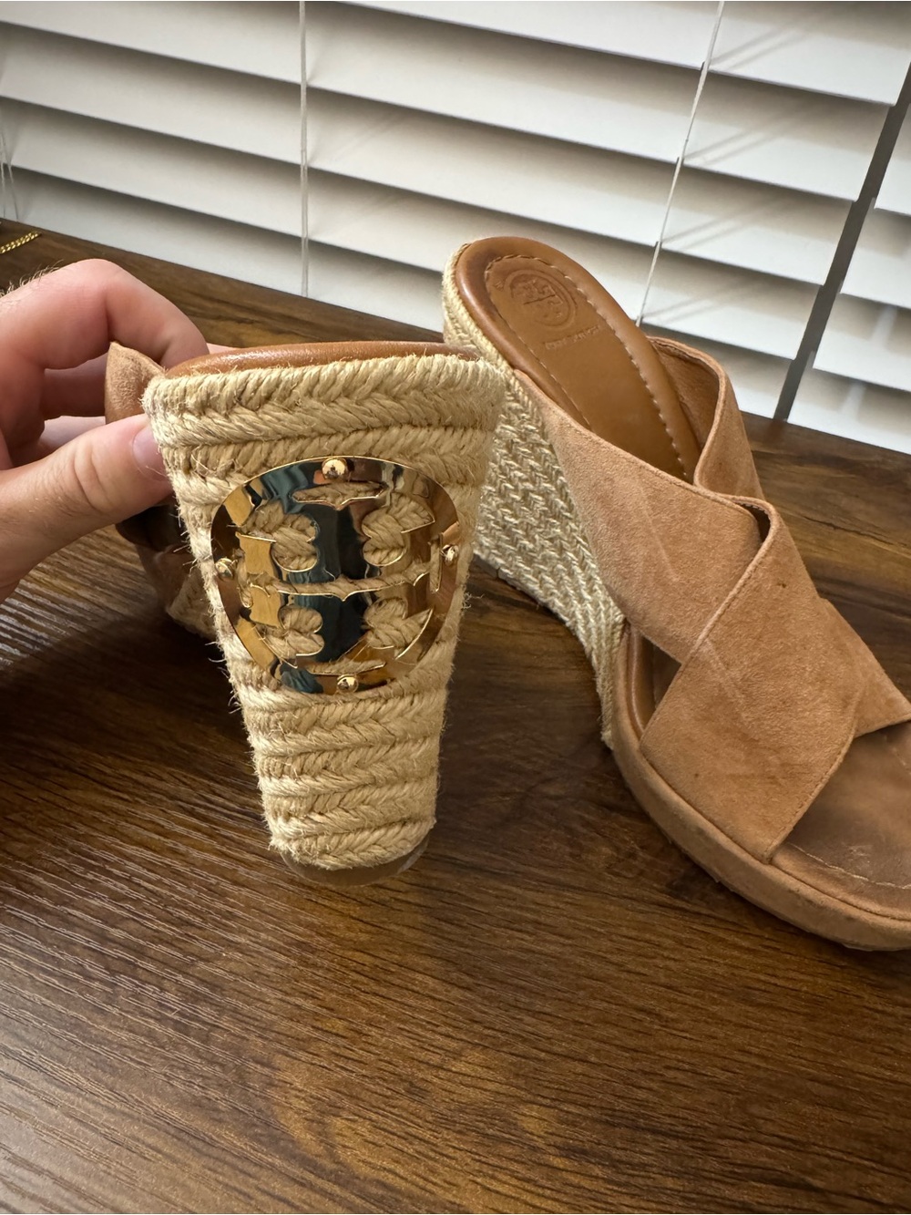 Tory Burch "Bailey" Suede Wedge Espadrille Mules Brown Suede - Jute Wrapped